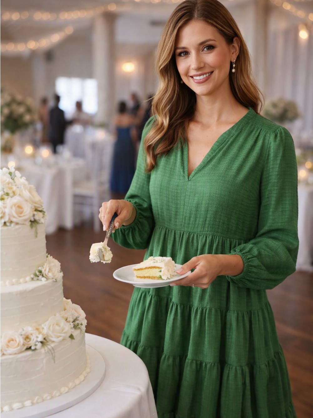 entro Green V-Neck Tiered Long-Sleeve Dress